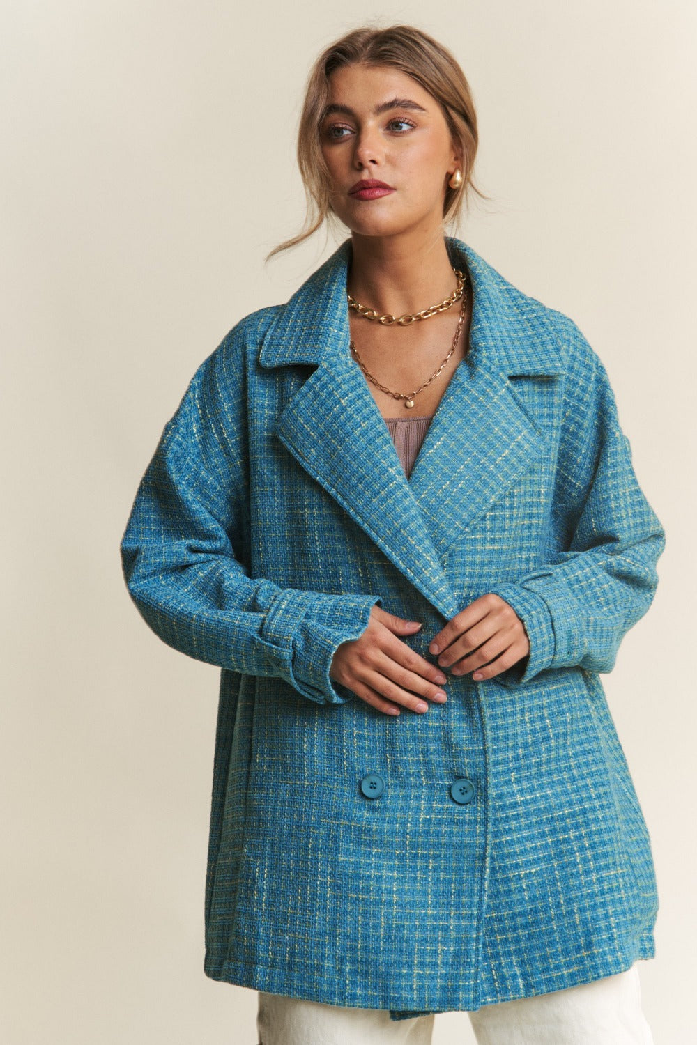J.NNA Tweed Double-Breasted Long Sleeve Coat Emerald Sea Shirt Apparel Clothing Tops J.NNA Ship from USA Shirts USA Women Trendsi https://www.cyberehub.com