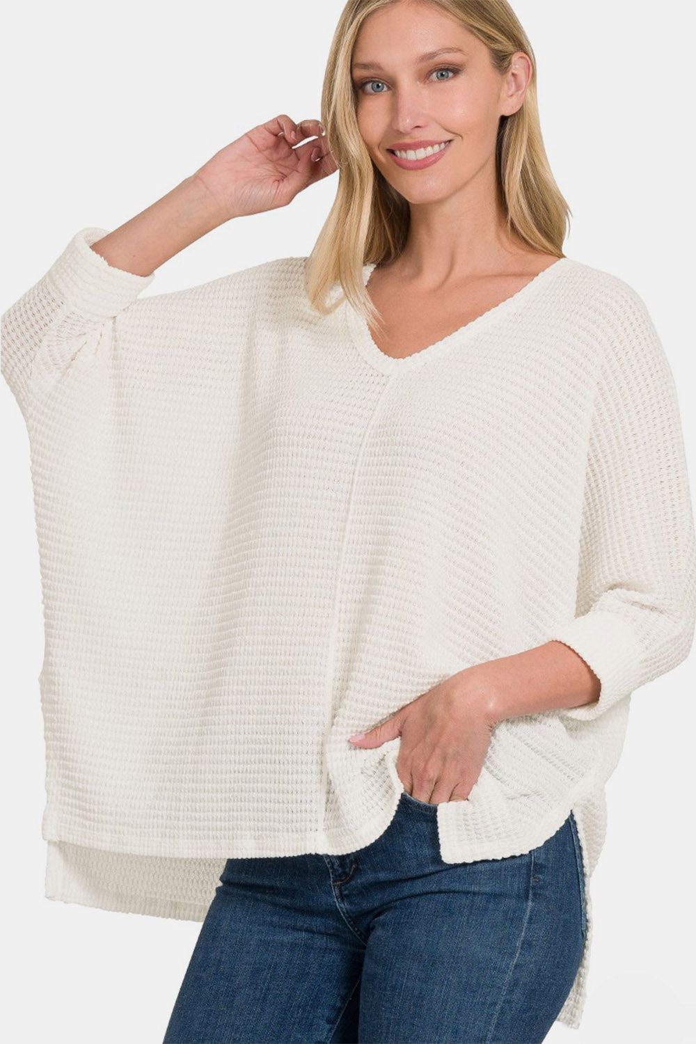 Zenana Full Size Round Neck High-Low Slit Knit Top Off White Shirt Apparel Clothing Tops Ship from USA Shirts USA Women Zenana Trendsi https://www.cyberehub.com