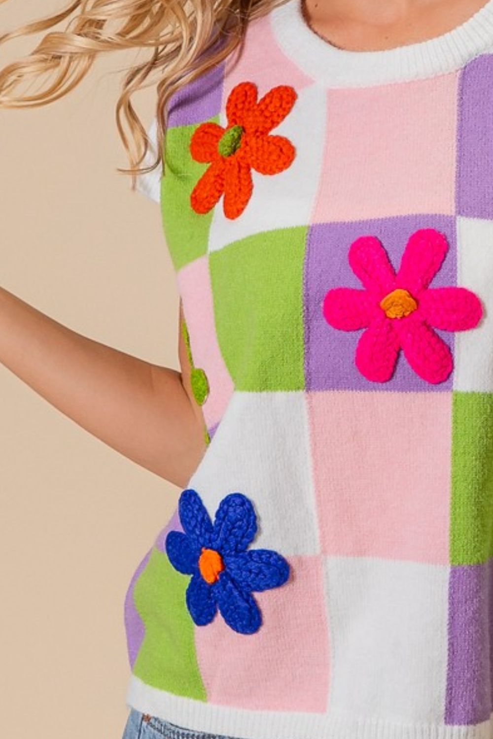 BiBi Flower Patch Checkered Sweater Vest Shirt Apparel BiBi Clothing Tops Ship from USA Shirts USA Women Trendsi https://www.cyberehub.com