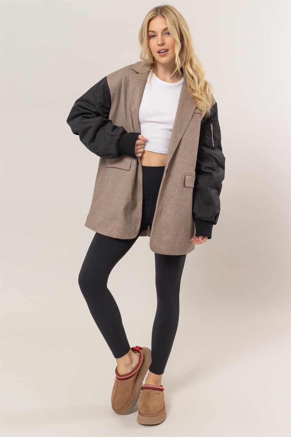 HYFVE Herringbone Mixed Media Contrast Long Sleeve Blazer Shirt Apparel Clothing Tops HYFVE Ship from USA Shirts USA Women Trendsi https://www.cyberehub.com