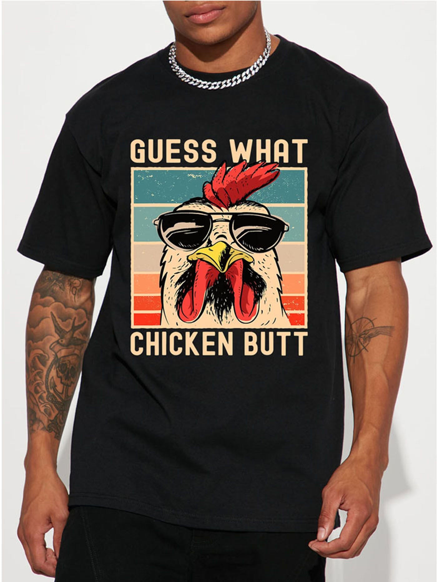 Men's Casual And Fashionable Chicken Print Short Sleeved Round Neck Hip-hop T-shirt, Summer Holiday Gift Black Apparel/Shirt/Graphic Shirt SNULLO https://www.cyberehub.com