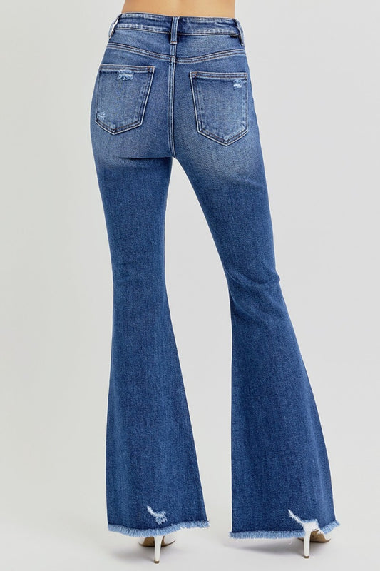 RISEN Full Size High Rise Distressed Raw Hem Flare Jeans Bottoms Bottoms Clothing RISEN Ship from USA Women Trendsi https://www.cyberehub.com