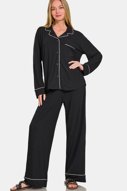Zenana Button Down Long Sleeve Top and Pants Lounge Set Apparel Apparel Ship from USA TikTok Trendsi Zenana Trendsi https://www.cyberehub.com