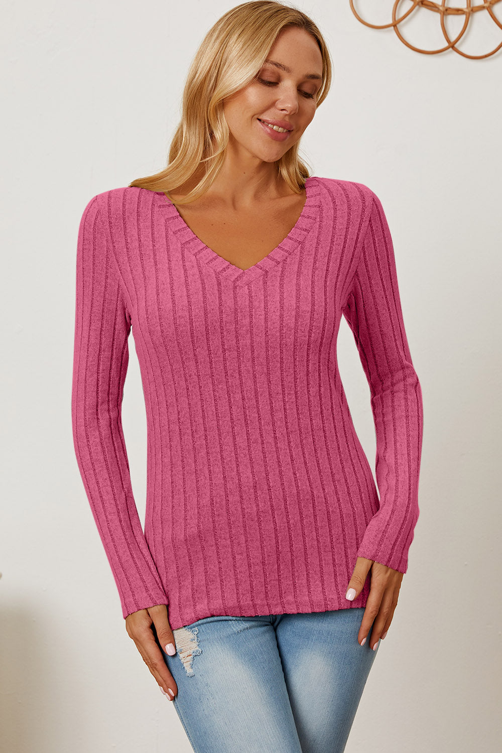 Basic Bae Full Size Ribbed V-Neck Long Sleeve T-Shirt Hot Pink Apparel/Tops Basic Bae Ship from USA TikTok Tops Trendsi USPS Walmart Walmart Apparel Trendsi https://www.cyberehub.com