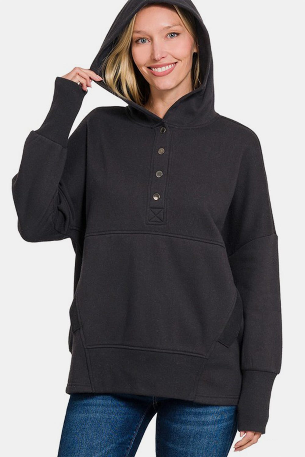 Zenana Half Snap Long Sleeve Hoodie with Kangaroo Pocket Black Apparel/Tops Ship from USA TikTok Tops Trendsi USPS Walmart Walmart Apparel Zenana Trendsi https://www.cyberehub.com