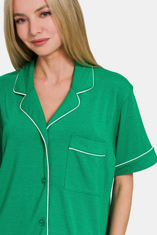 Zenana Button Down Short Sleeve Top and Shorts Lounge Set Apparel Apparel Ship from USA TikTok Trendsi Zenana Trendsi https://www.cyberehub.com