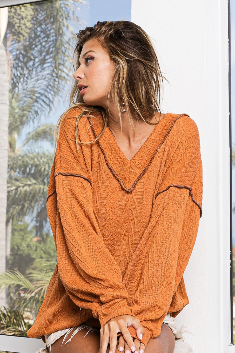 BiBi Textured Exposed Seam Drop Shoulder Knit Top Shirt Apparel BiBi Clothing Tops Ship from USA Shirts USA Women Trendsi https://www.cyberehub.com