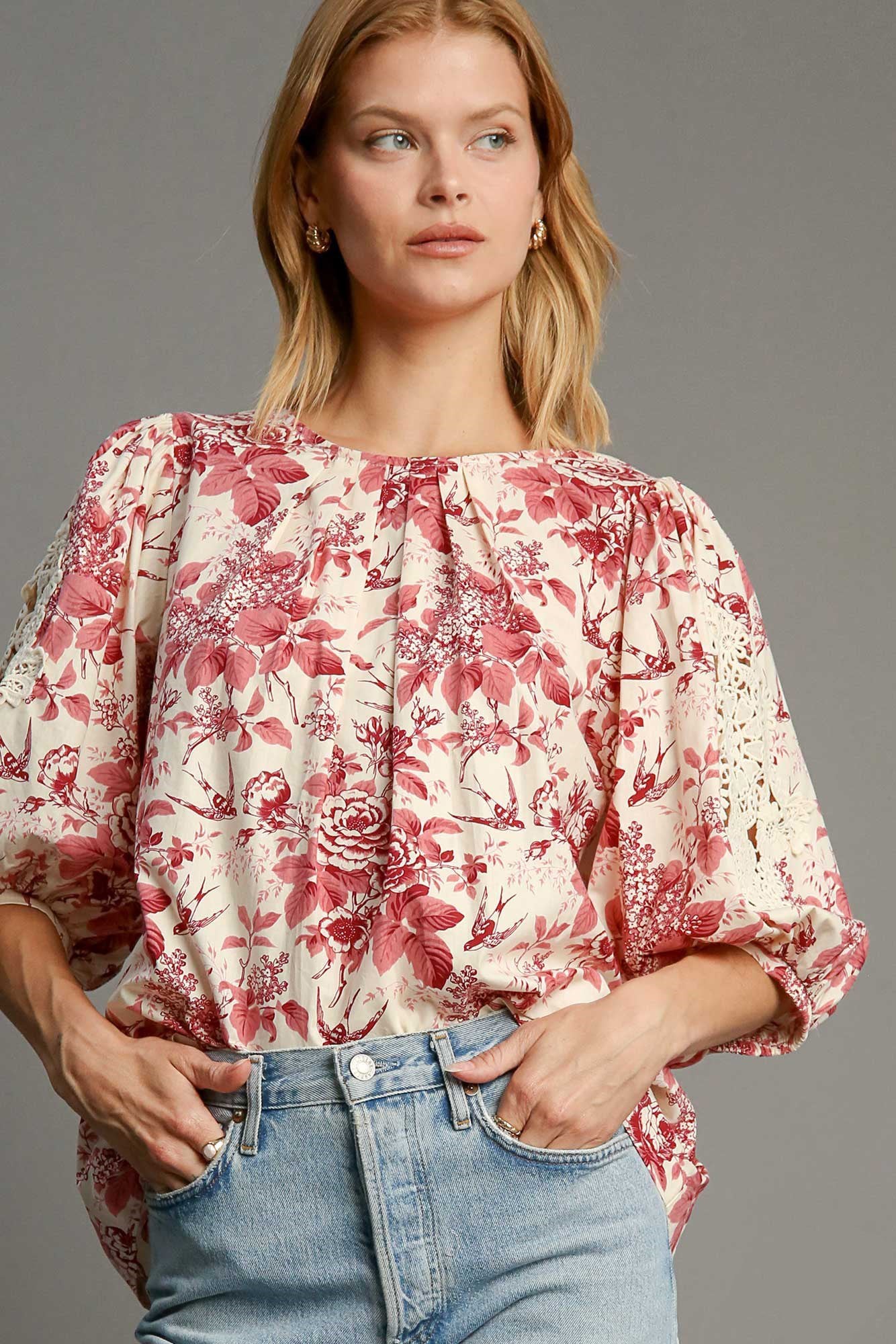 Umgee Floral Pleated Detail Lace Trim Sleeve Blouse Pink Mix Apparel Apparel Ship from USA TikTok Trendsi Umgee USA Trendsi https://www.cyberehub.com