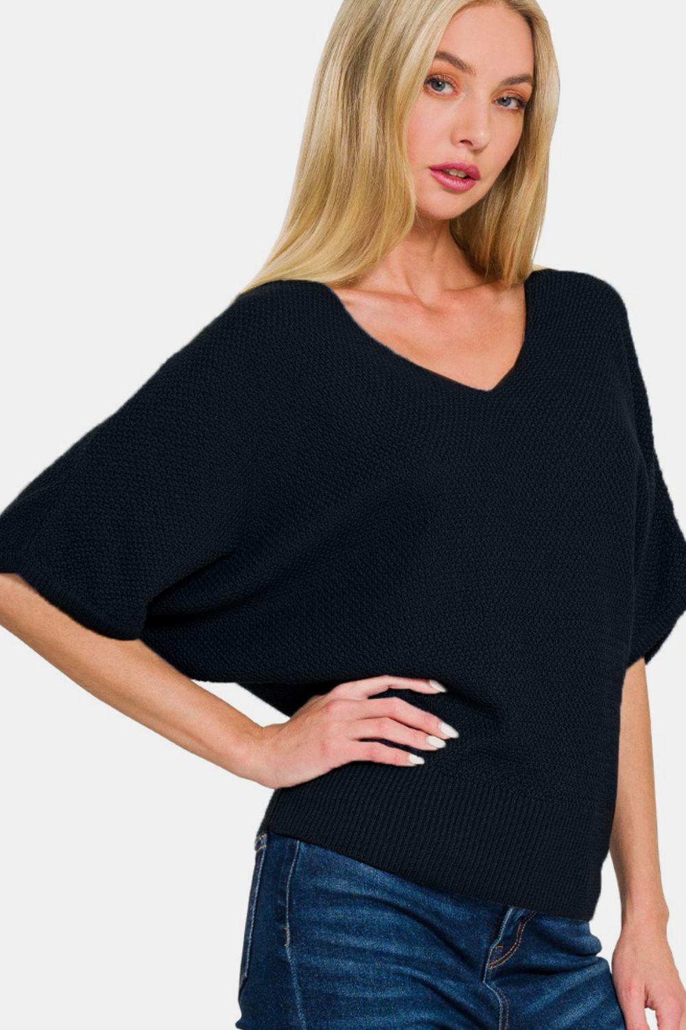 Zenana V-Neck Short Sleeve Dolman Sweater Shirt Apparel Clothing Tops Ship from USA Shirts USA Women Zenana Trendsi https://www.cyberehub.com