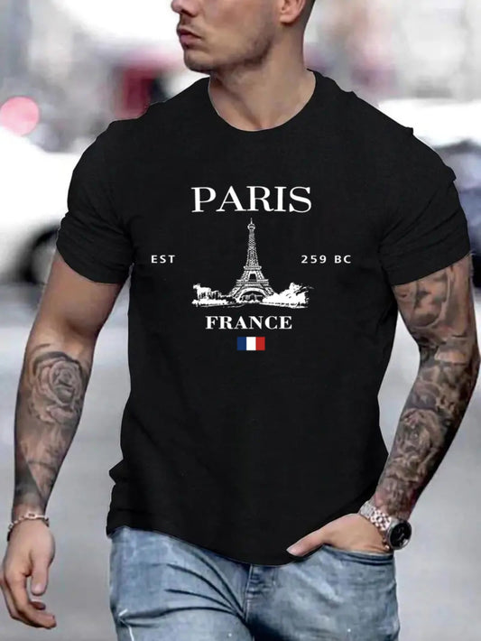Paris Printed Men's Round Neck Fashionable Short Sleeved Sports T-shirt, Comfortable And Diverse, Suitable For Summer And Spring, Sporty Style, Comfortable And Versatile, As A Gift Apparel/Shirt/Graphic Shirt SNULLO https://www.cyberehub.com