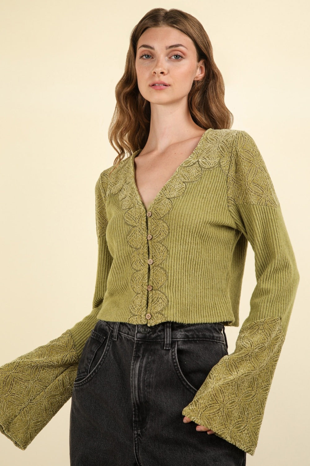 VERY J V-Neck Lace Detail Button Down Crop Ribbed Knit Top Olive Shirt Apparel Clothing Tops Ship from USA Shirts USA VERY J Women Trendsi https://www.cyberehub.com