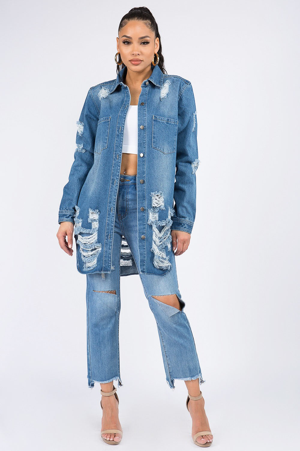 American Bazi Distressed Button Down Denim Shirt Jacket Shirt American Bazi Apparel Clothing Tops Ship from USA Shirts USA Women Trendsi https://www.cyberehub.com