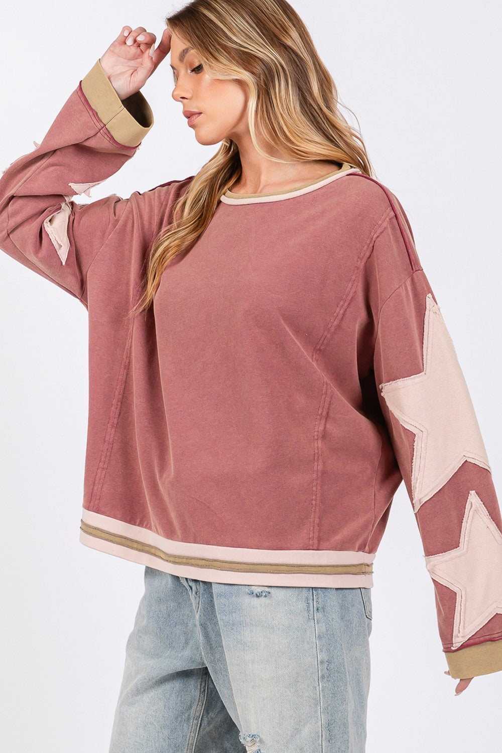 SAGE + FIG French Terry Star Applique Patch Sweatshirt Apparel/Tops SAGE+FIG Ship from USA TikTok Tops Trendsi USPS Walmart Walmart Apparel Trendsi https://www.cyberehub.com