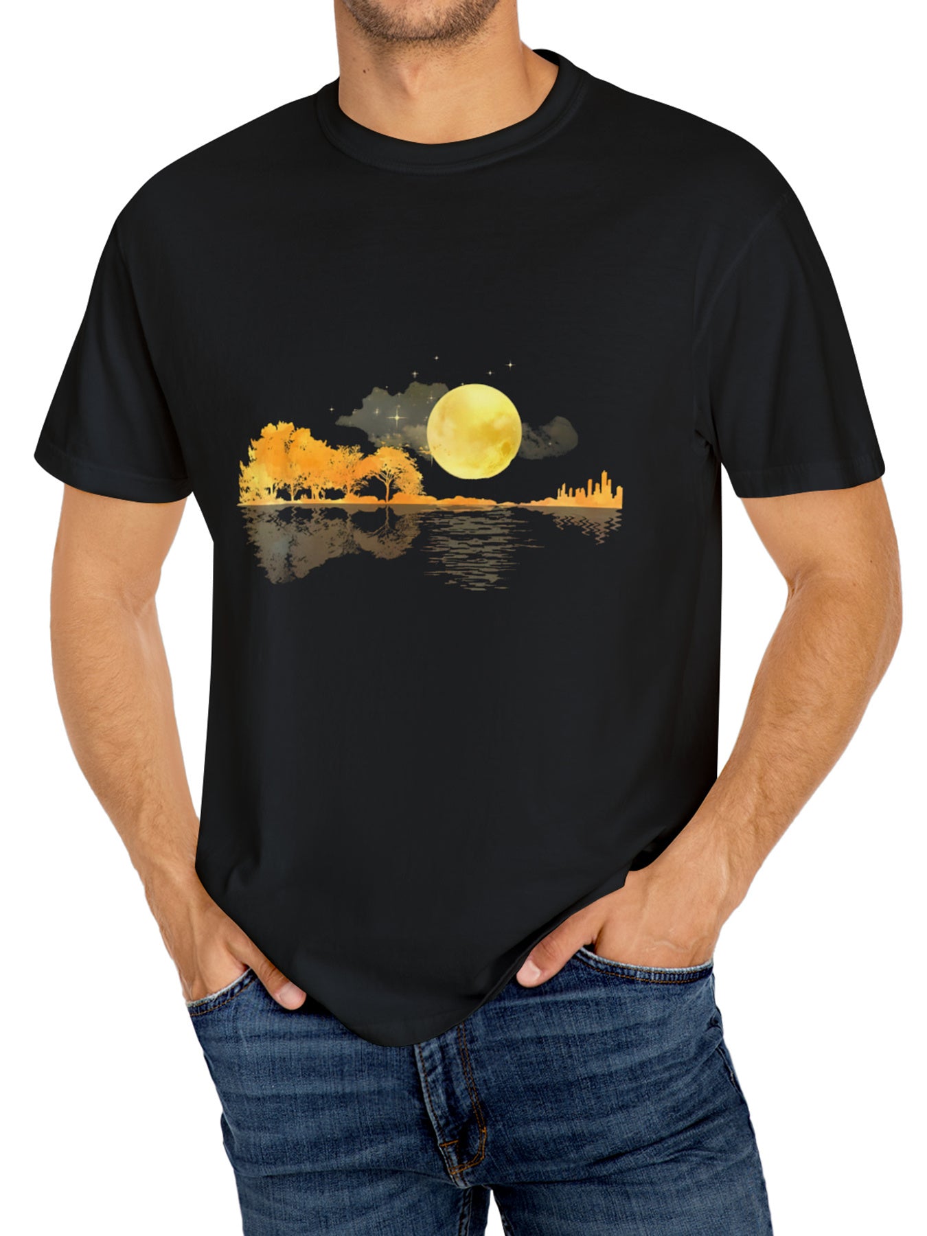 Moon Pattern T-shirt, Men's Casual Street Style Elastic Round Neck T-shirt For Summer Apparel/Shirt/Graphic Shirt SNULLO https://www.cyberehub.com