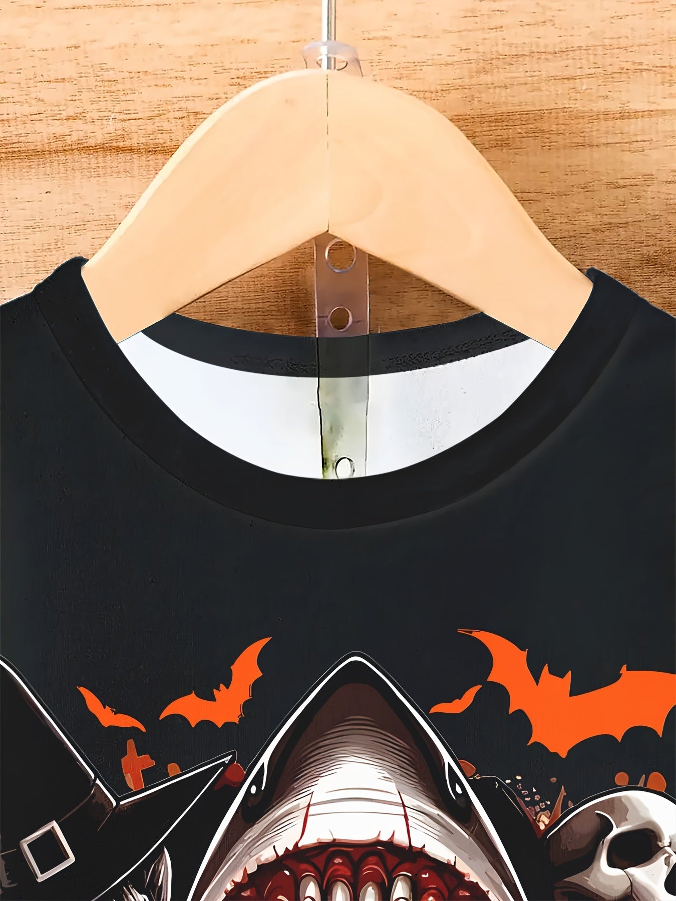 Men's Casual Polyester Round Neck T-shirt With 3D Shark And Halloween Pumpkin Patterns, Fitted Knit Fabric, Slightly Elastic Apparel/Shirt/Graphic Shirt SNULLO https://www.cyberehub.com