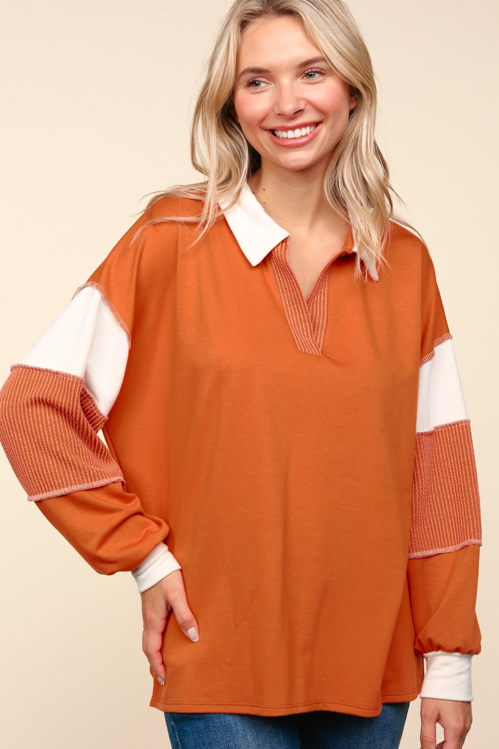 Haptics Color Block Exposed Seam Long Sleeve Top Tops/Jackets/Sweaters Clothing Tops Haptics Ship from USA TikTok Trendsi USPS Walmart Trendsi https://www.cyberehub.com