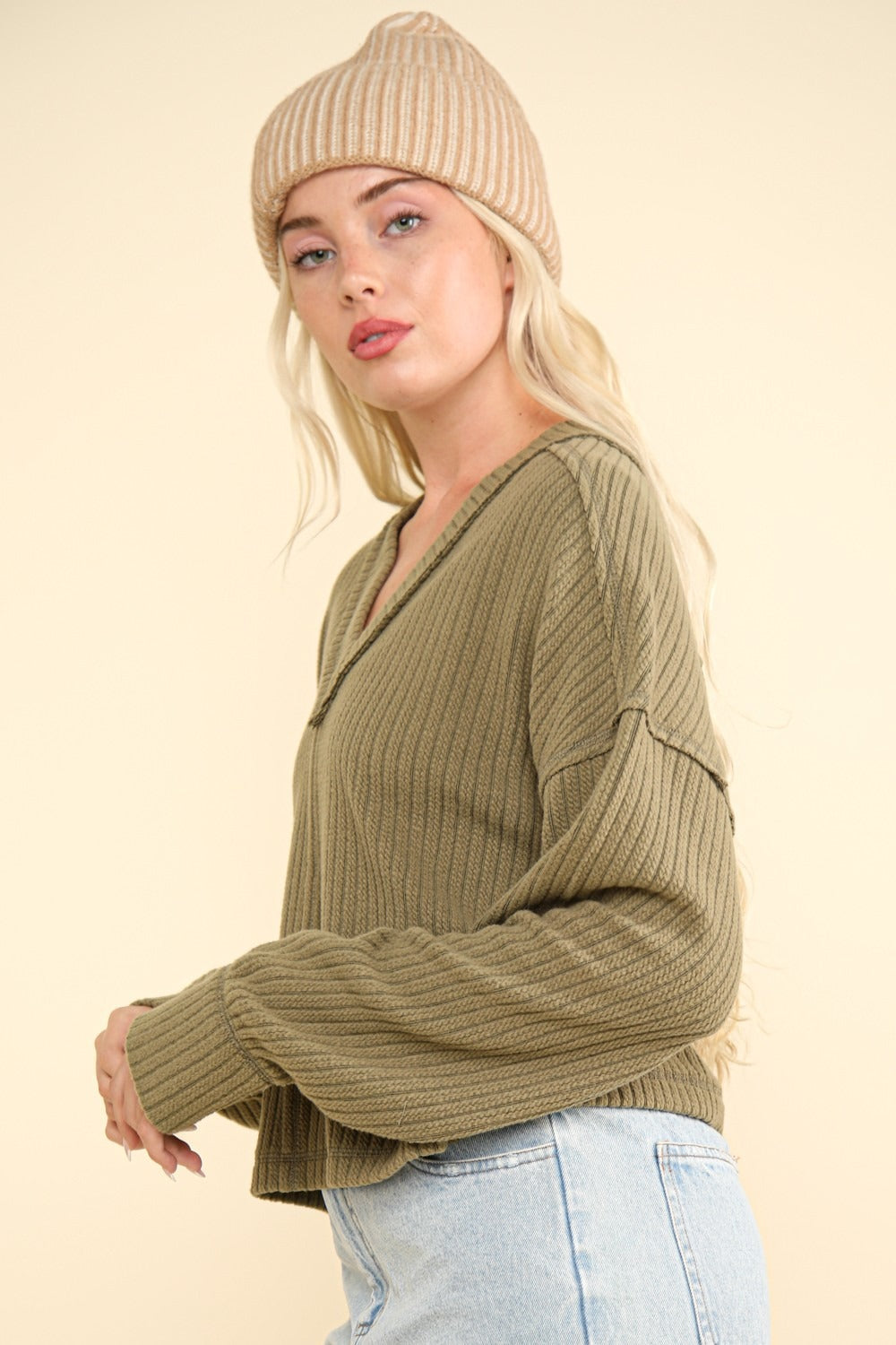 VERY J Exposed Seam V-Neck Ribbed Knit Top Shirt Apparel Clothing Tops Ship from USA Shirts USA VERY J Women Trendsi https://www.cyberehub.com