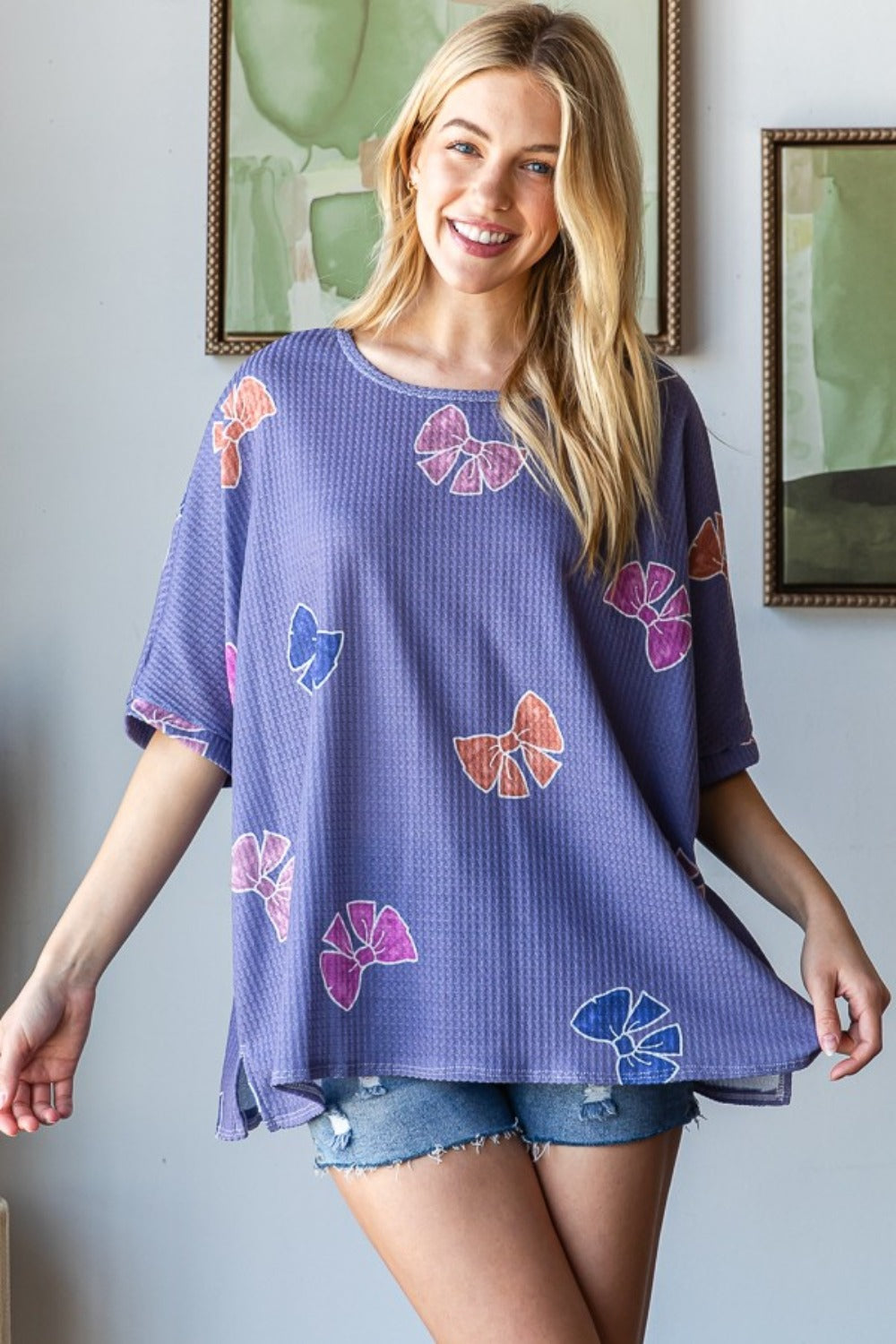HOPELY Bow Print Waffle Side Slit T-Shirt Tops/Jackets/Sweaters Clothing Tops HOPELY Ship from USA TikTok Trendsi USPS Walmart Trendsi https://www.cyberehub.com