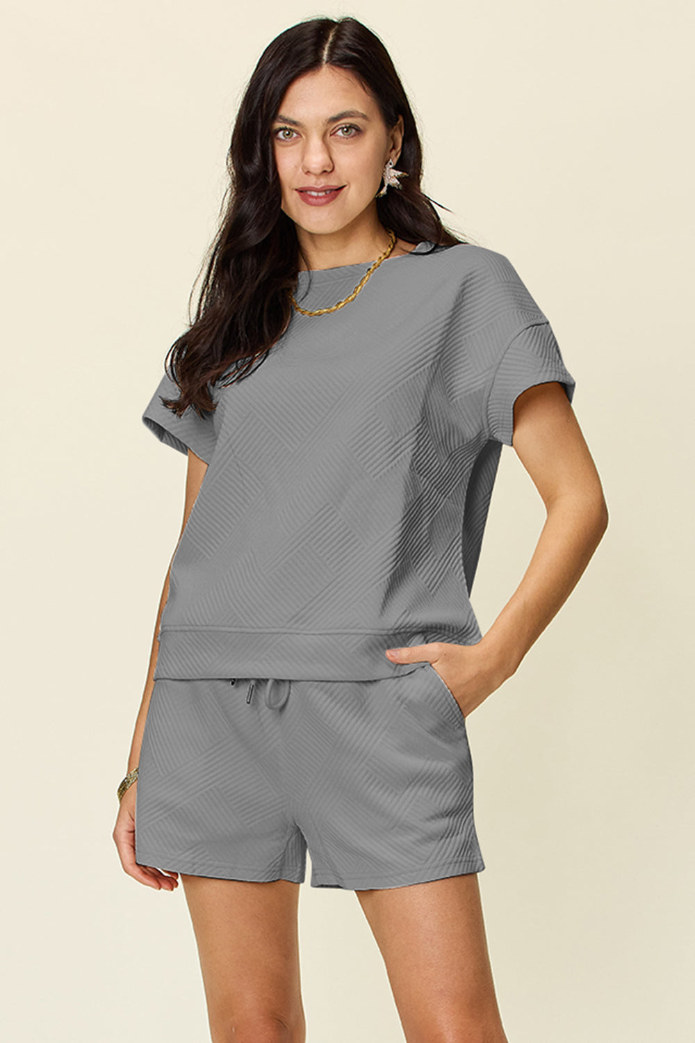 Double Take Full Size Texture Short Sleeve T-Shirt and Drawstring Shorts Set Gray Apparel/Tops Double Take Ship from USA TikTok Tops Trendsi USPS Walmart Walmart Apparel Trendsi https://www.cyberehub.com