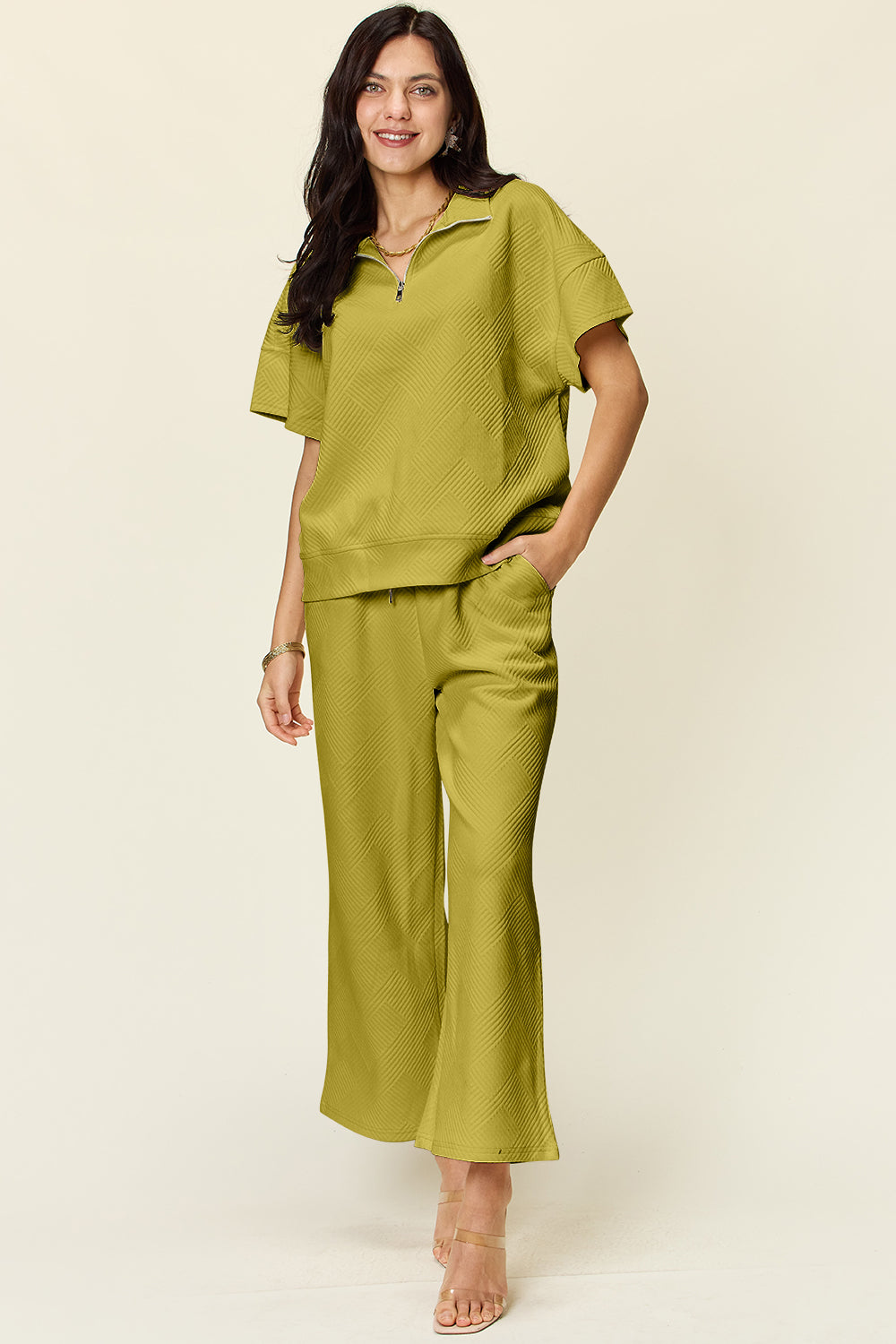 Double Take Full Size Texture Half Zip Short Sleeve Top and Pants Set Olive Apparel/Tops Double Take Ship from USA TikTok Tops Trendsi USPS Walmart Walmart Apparel Trendsi https://www.cyberehub.com