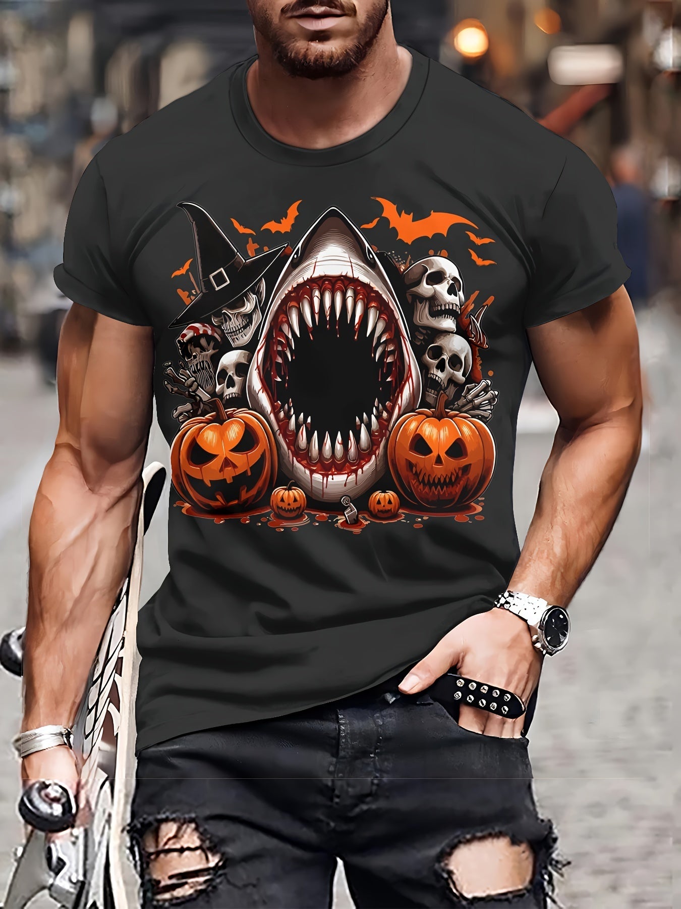 Men's Casual Polyester Round Neck T-shirt With 3D Shark And Halloween Pumpkin Patterns, Fitted Knit Fabric, Slightly Elastic Apparel/Shirt/Graphic Shirt SNULLO https://www.cyberehub.com