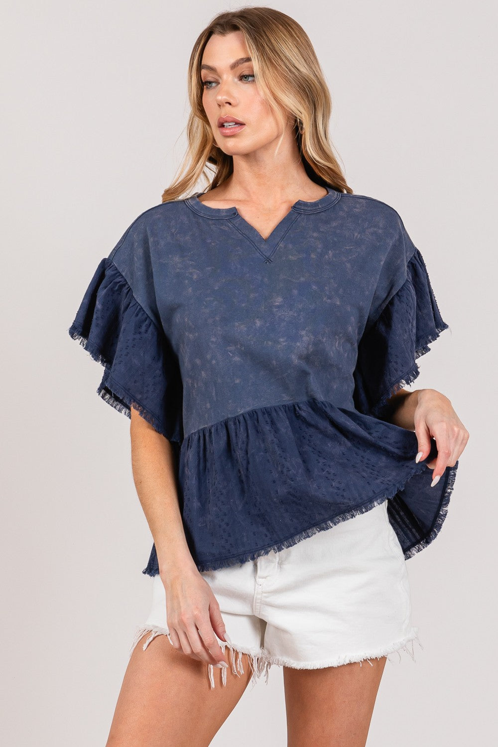 SAGE + FIG Ruffle Sleeve Washed Short Sleeve Blouse Apparel/Tops SAGE+FIG Ship from USA TikTok Tops Trendsi USPS Walmart Walmart Apparel Trendsi https://www.cyberehub.com