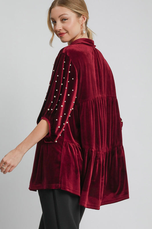 Umgee Pearl Detail Collared Neck Velvet Babydoll Blouse Apparel/Tops Ship from USA TikTok Tops Trendsi Umgee USA USPS Walmart Walmart Apparel Trendsi https://www.cyberehub.com