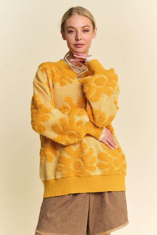 Davi & Dani Flower Texture Round Neck Dropped Shoulder Sweater Gold Tops/Jackets/Sweaters Clothing Tops Davi & Dani Ship from USA TikTok Trendsi USPS Walmart Trendsi https://www.cyberehub.com