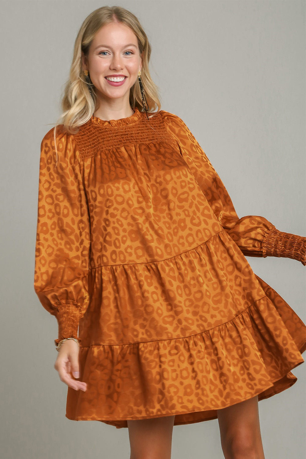 Umgee Smocked Leopard Long Sleeve Tiered Dress Copper Apparel Apparel Ship from USA TikTok Trendsi Umgee USA Trendsi https://www.cyberehub.com