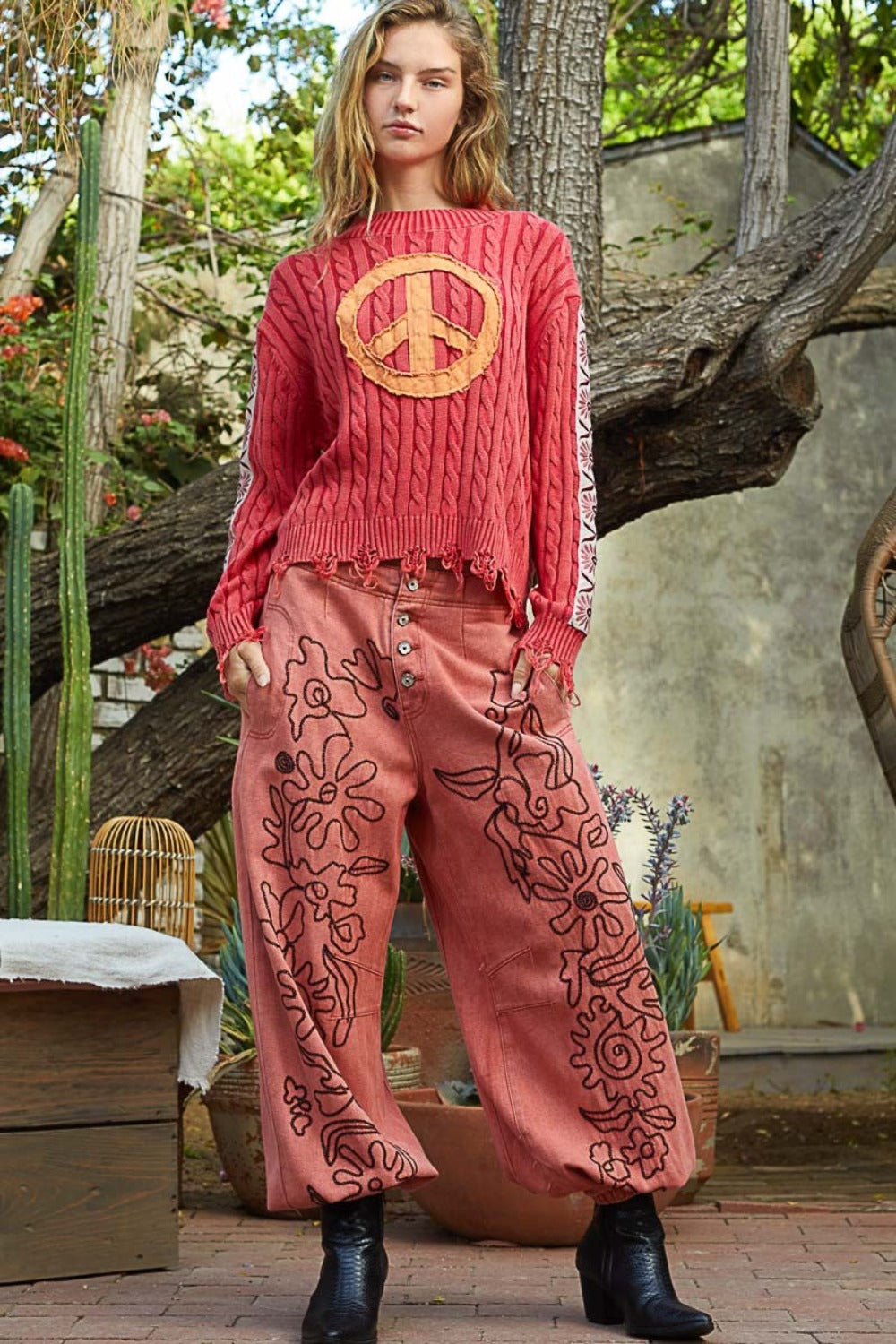 POL Washed Peace Patch Cable Knit Sweater Shirt Apparel Clothing Tops POL Ship from USA Shirts USA Women Trendsi https://www.cyberehub.com