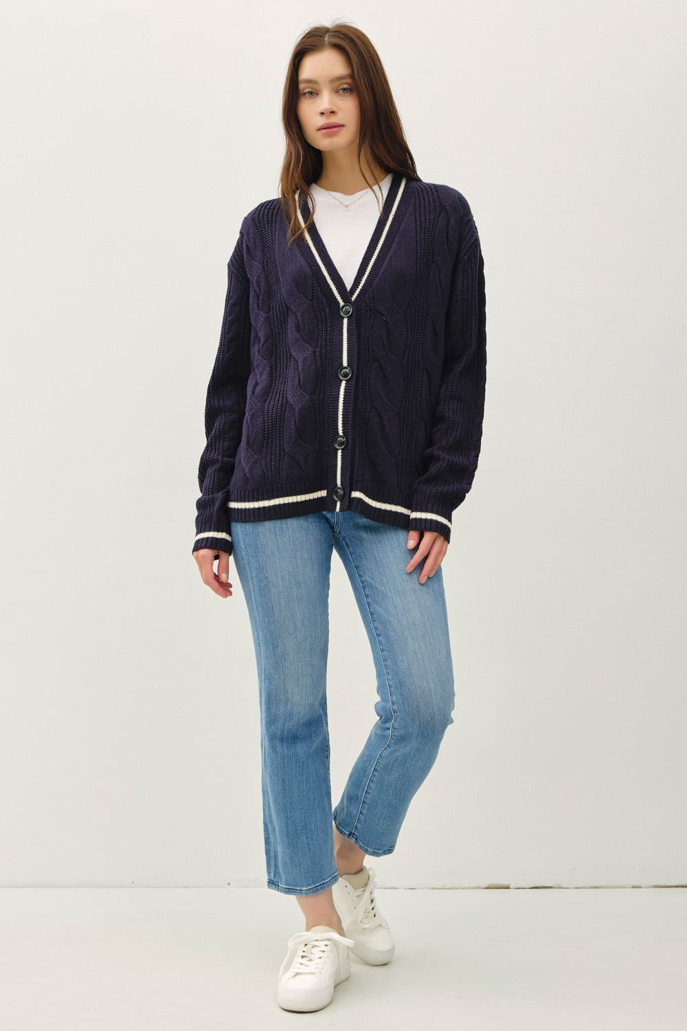 Be Cool Contrast Trim Cable-Knit V-Neck Cardigan Tops/Jackets/Sweaters BE COOL Clothing Tops Ship from USA TikTok Trendsi USPS Walmart Trendsi https://www.cyberehub.com