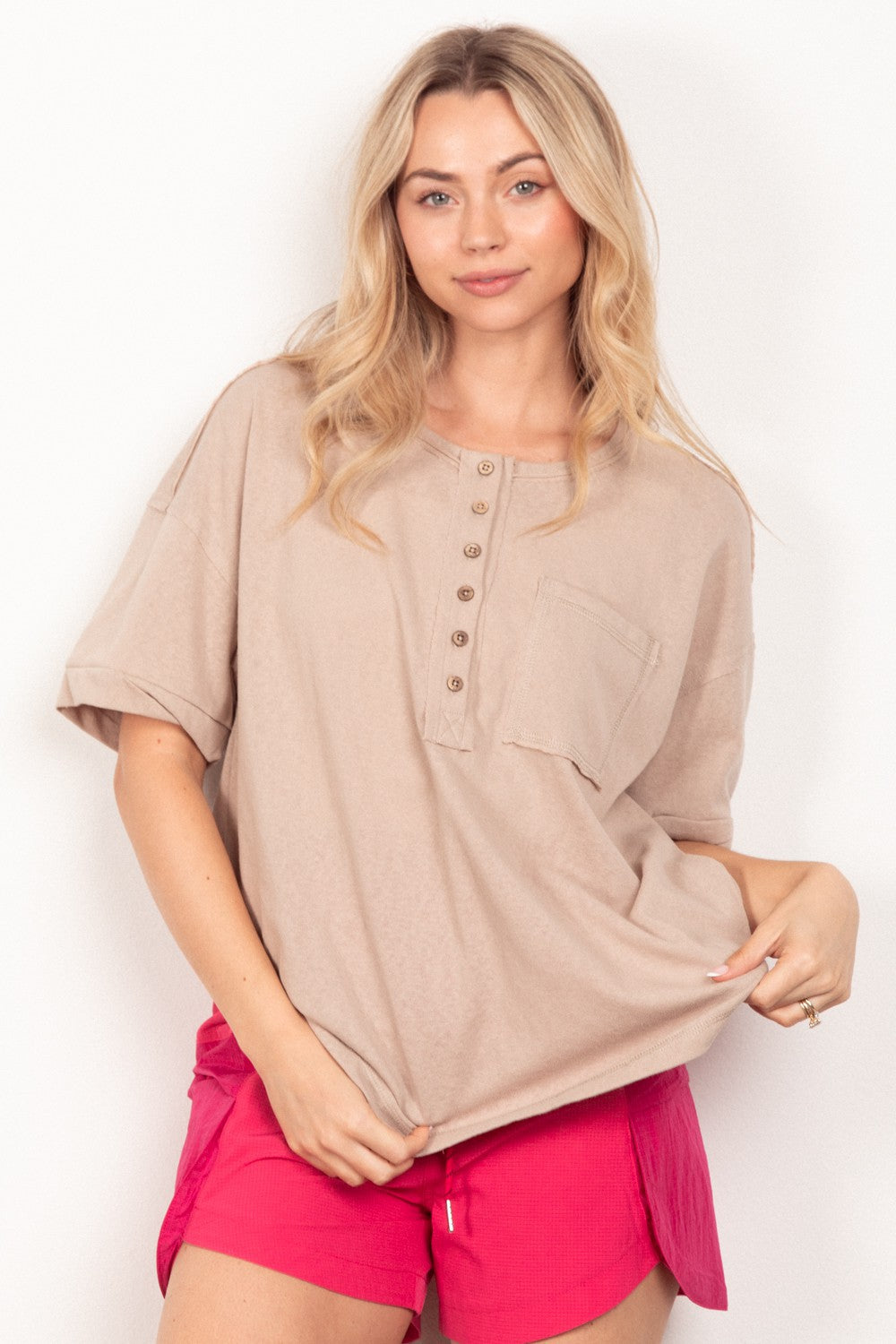 VERY J Twisted Sleeve Band Half Button Top Taupe Tops/Jackets/Sweaters Clothing Tops Ship from USA TikTok Trendsi USPS VERY J Walmart Trendsi https://www.cyberehub.com