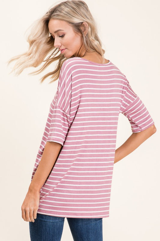 BOMBOM Striped Round Neck Half Sleeve T-Shirt Apparel/Tops BOMBOM Ship from USA TikTok Tops Trendsi USPS Walmart Walmart Apparel Trendsi https://www.cyberehub.com