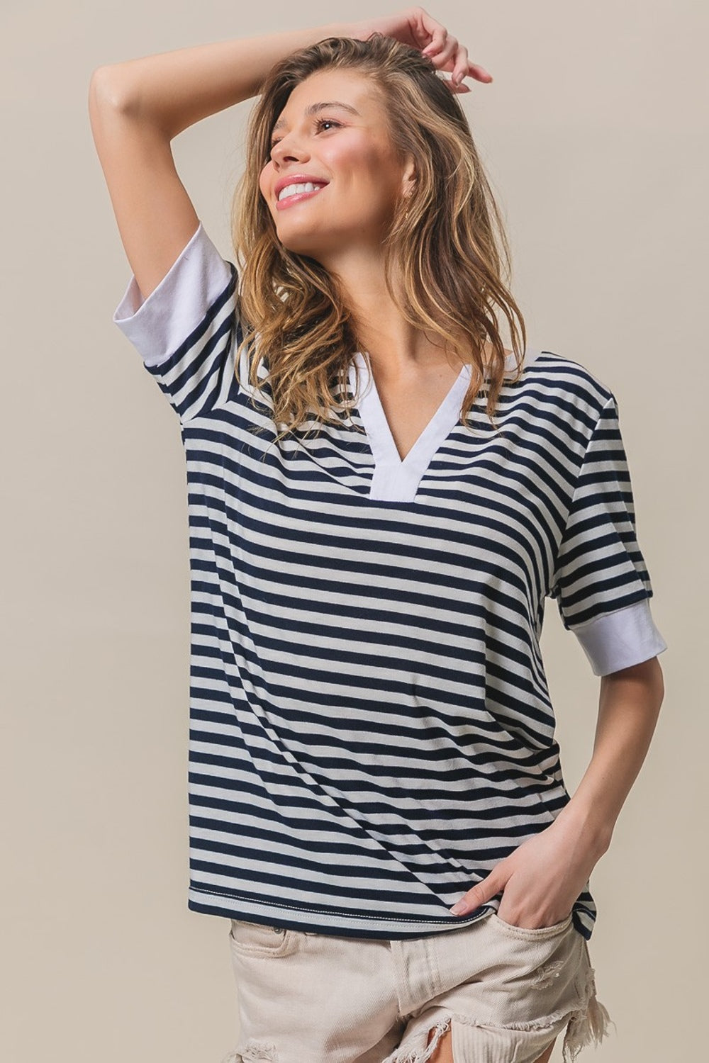 BiBi Contrast Striped Notched Knit Top Shirt Apparel BiBi Clothing Tops Ship from USA Shirts USA Women Trendsi https://www.cyberehub.com