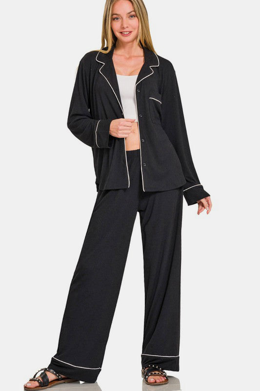 Zenana Button Down Long Sleeve Top and Pants Lounge Set Black Apparel Apparel Ship from USA TikTok Trendsi Zenana Trendsi https://www.cyberehub.com