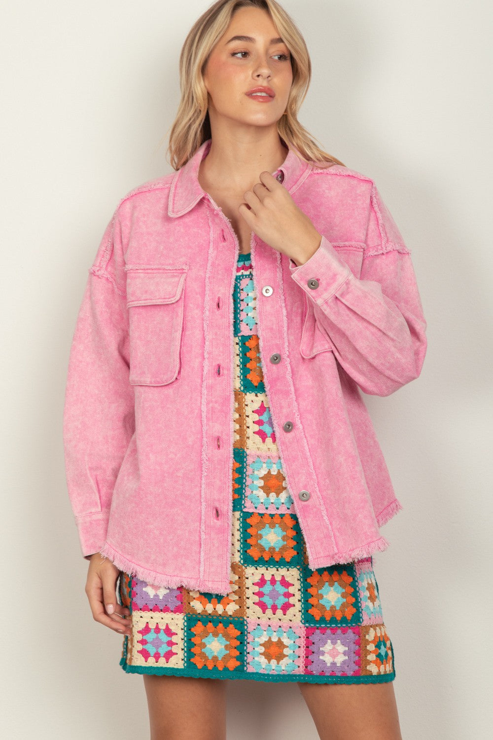 VERY J Full Size Button Up Raw Hem Long Sleeve Jacket PINK Tops/Jackets/Sweaters Clothing Tops Ship from USA TikTok Trendsi USPS VERY J Walmart Trendsi https://www.cyberehub.com