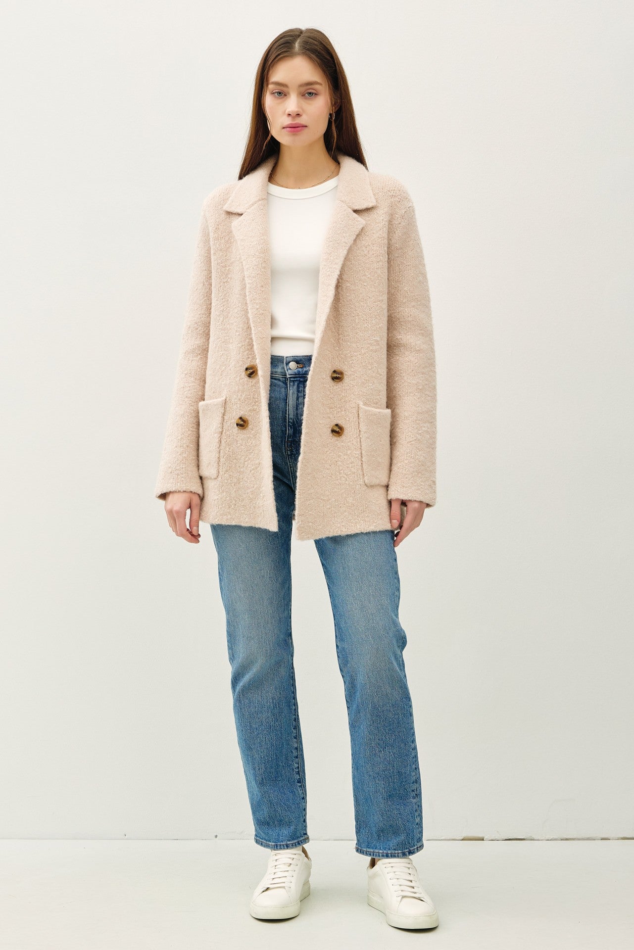 Be Cool Textured Double-Breasted Coat with Pockets Tops/Jackets/Sweaters BE COOL Clothing Tops Ship from USA TikTok Trendsi USPS Walmart Trendsi https://www.cyberehub.com