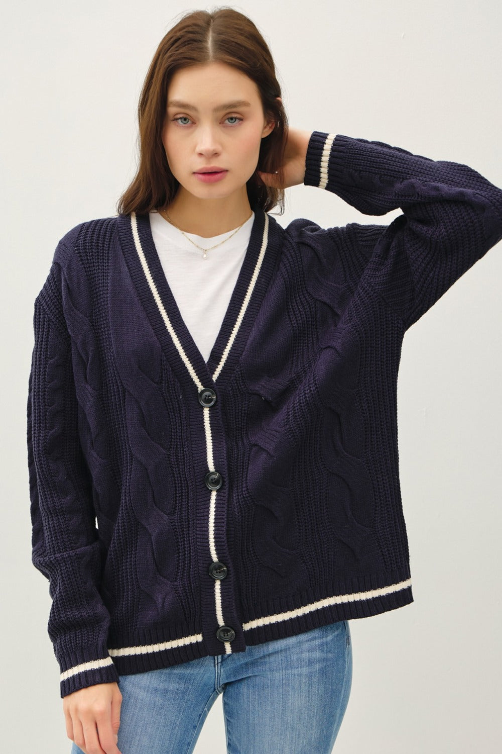 Be Cool Contrast Trim Cable-Knit V-Neck Cardigan Navy Tops/Jackets/Sweaters BE COOL Clothing Tops Ship from USA TikTok Trendsi USPS Walmart Trendsi https://www.cyberehub.com