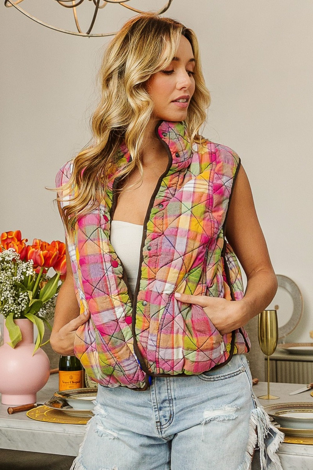 BiBi Quilted Washed Plaid Snap Down Vest Shirt Apparel BiBi Clothing Tops Ship from USA Shirts USA Women Trendsi https://www.cyberehub.com