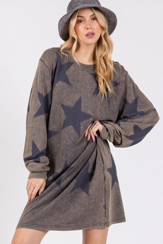 SAGE + FIG Washed Star Print Round Neck Dress Apparel Apparel SAGE+FIG Ship from USA TikTok Trendsi Trendsi https://www.cyberehub.com