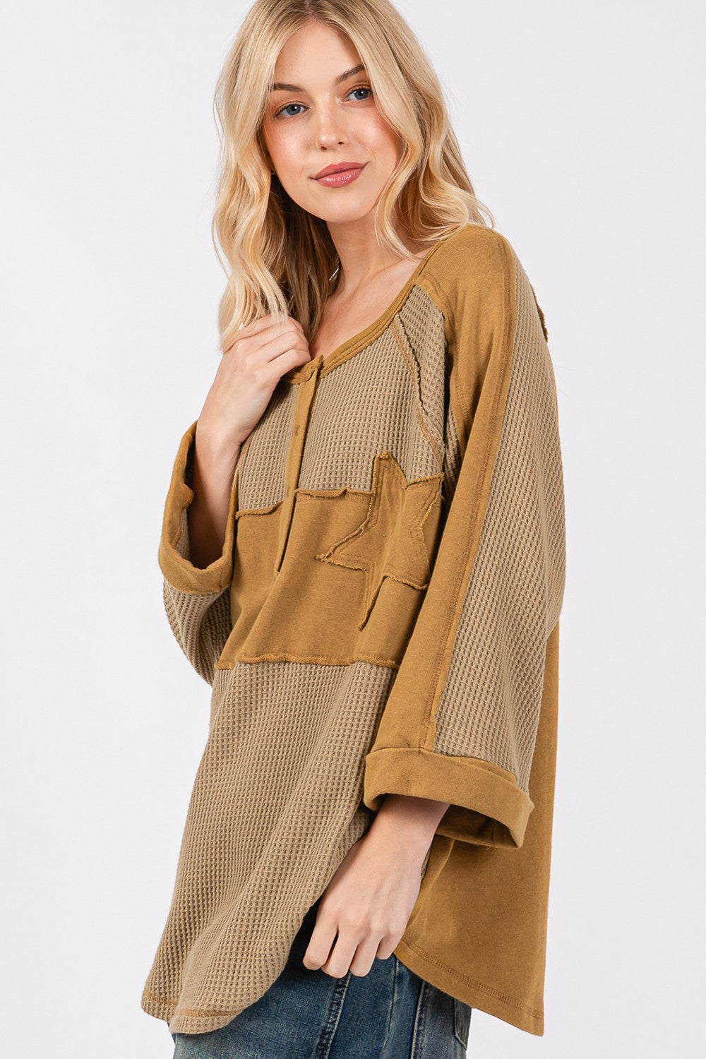 SAGE + FIG Star Applique Patch Exposed Seam Waffle Knit Top Shirt Apparel Clothing Tops SAGE+FIG Ship from USA Shirts USA Women Trendsi https://www.cyberehub.com