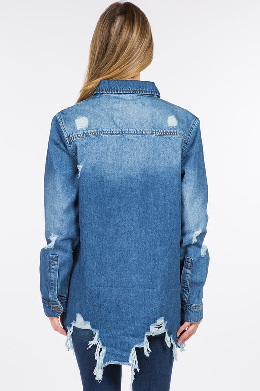 American Bazi Distressed Frayed Hem Denim Jacket Tops/Jackets/Sweaters American Bazi Clothing Tops Ship from USA TikTok Trendsi USPS Walmart Trendsi https://www.cyberehub.com