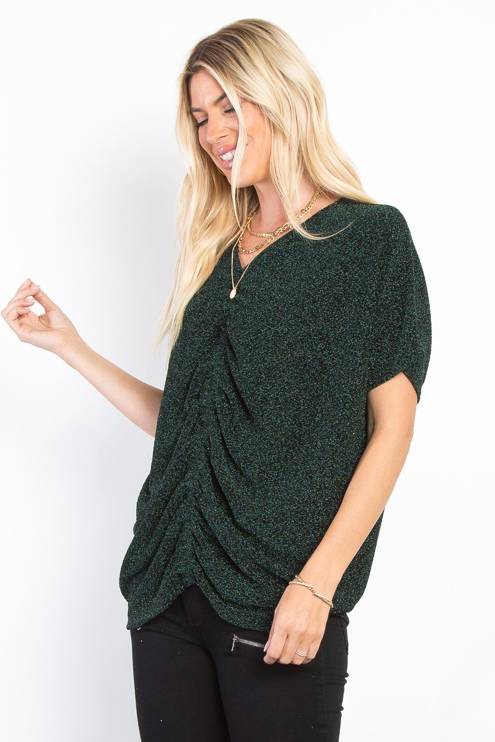 Be Stage Full Size Lurex Center Elastic Cinched Knit Top Shirt Apparel BE Stage Clothing Tops Ship from USA Shirts USA Women Trendsi https://www.cyberehub.com