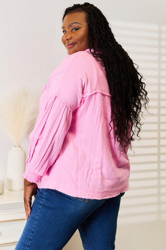 Double Take Exposed Seam Buttoned Notched Neck Blouse Apparel/Tops Double Take Ship from USA TikTok Tops Trendsi USPS Walmart Walmart Apparel Trendsi https://www.cyberehub.com