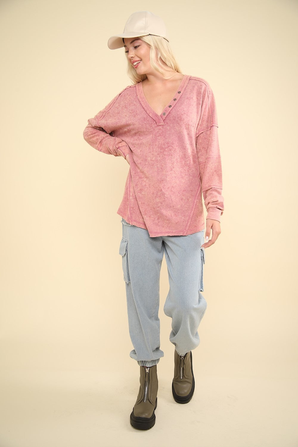 VERY J Washed V-Neck Exposed Seam Knit Top Shirt Apparel Clothing Tops price-change-job-active Ship from USA Shirts USA VERY J Women Trendsi https://www.cyberehub.com