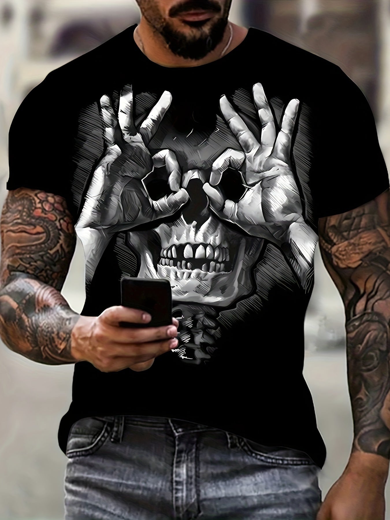 Creative Skull Print T-shirt, Men's Casual Street Style Elastic Round Neck T-shirt, Suitable For Summer Apparel/Shirt/Graphic Shirt SNULLO https://www.cyberehub.com