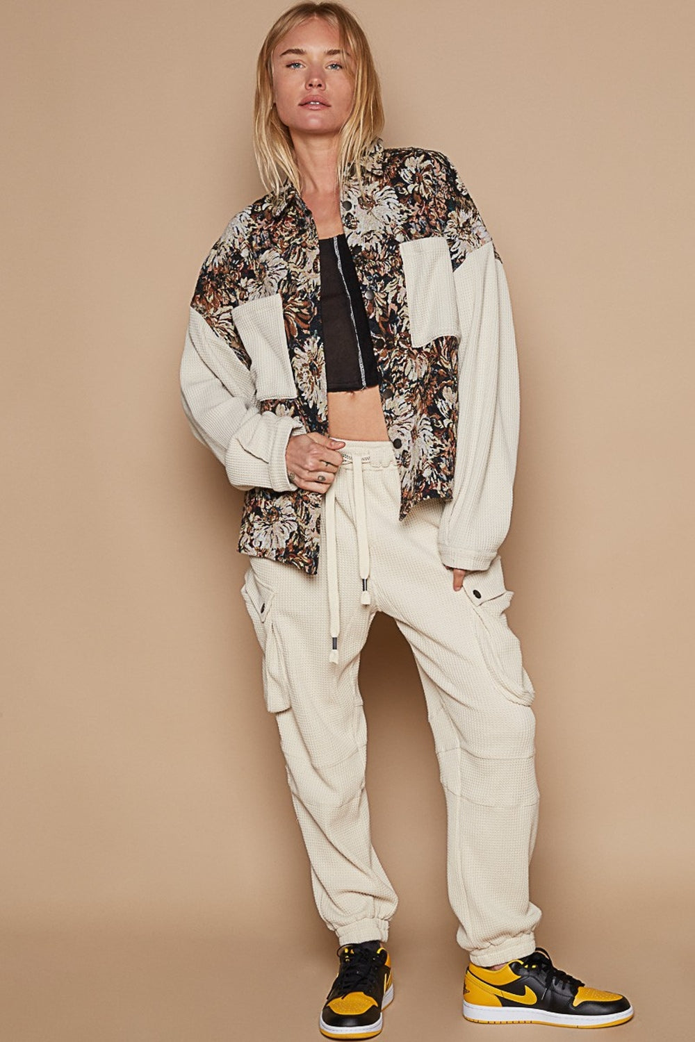 POL Contrast Sleeves Button Down Floral Jacquard Shirt Apparel/Tops POL Ship from USA TikTok Tops Trendsi USPS Walmart Walmart Apparel Trendsi https://www.cyberehub.com