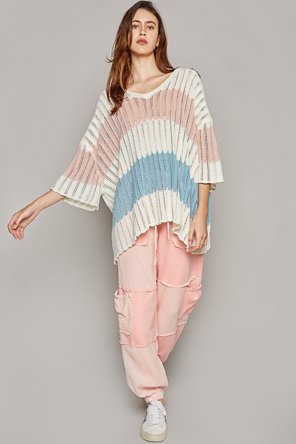POL V-Neck Short Sleeve Stripe Weave Sweater Shirt Apparel Clothing Tops POL Ship from USA Shirts USA Women Trendsi https://www.cyberehub.com