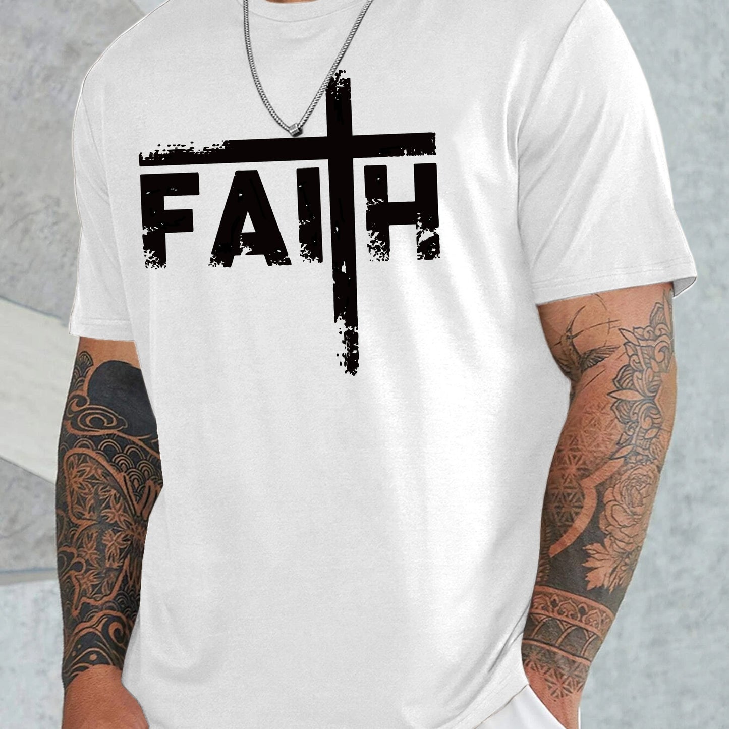 Large Men's Casual Fashion Sports T-shirt, Faith Pattern Round Neck Comfortable T-shirt Summer Clothing White Apparel/Shirt/Graphic Shirt SNULLO https://www.cyberehub.com