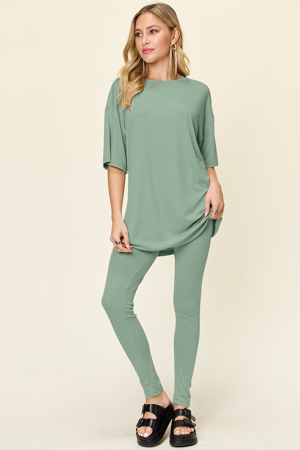 Double Take Full Size Round Neck Dropped Shoulder T-Shirt and Leggings Set Light Green Apparel/Tops Double Take Ship from USA TikTok Tops Trendsi USPS Walmart Walmart Apparel Trendsi https://www.cyberehub.com